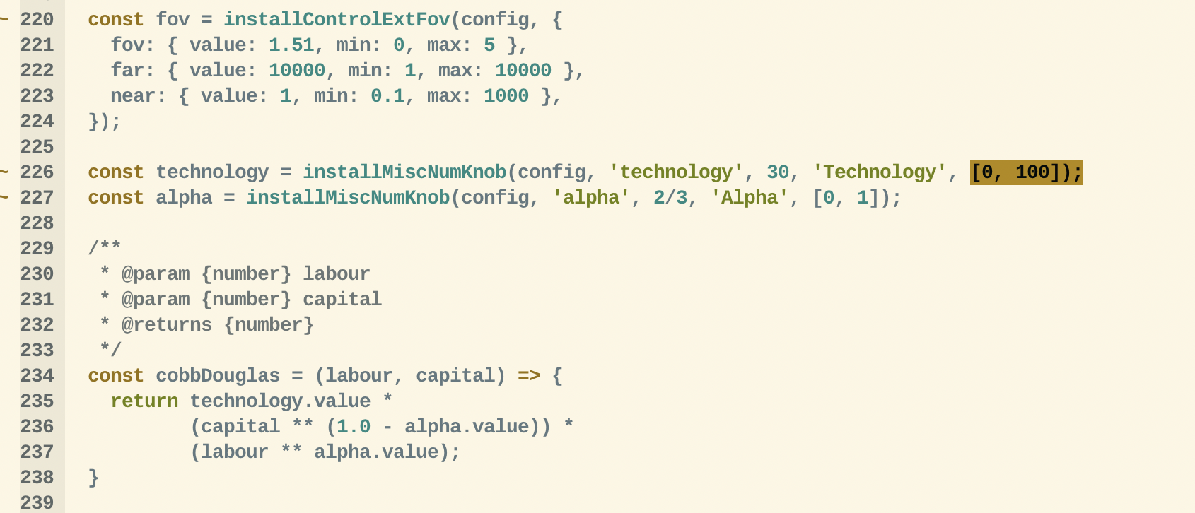 Initalising knobs for the technology value and alpha value
